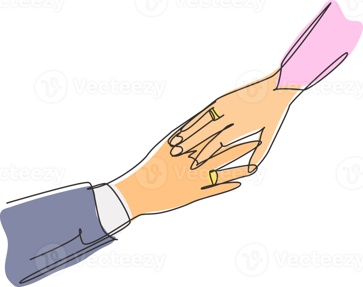 Single continuous line drawing hand of groom and bride with wedding rings. Bride and groom make vow of loyalty on their wedding day. Marriage ceremony. One line draw graphic design illustration png