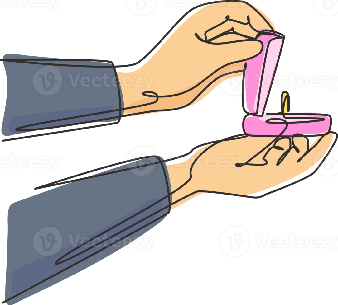 Single continuous line drawing hand holding red velvet box for ring. Groom's gift for bride on their special day. Marriage ceremony celebration. Dynamic one line graphic design illustration png