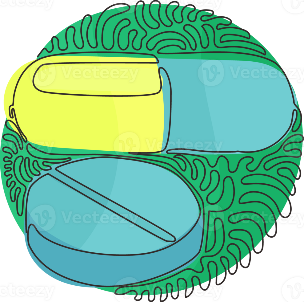 Single continuous line drawing medical pill and tablet icon. Medicine pills or tablets, capsules. Drugs and pills symbol. Swirl curl circle style. One line draw graphic design png