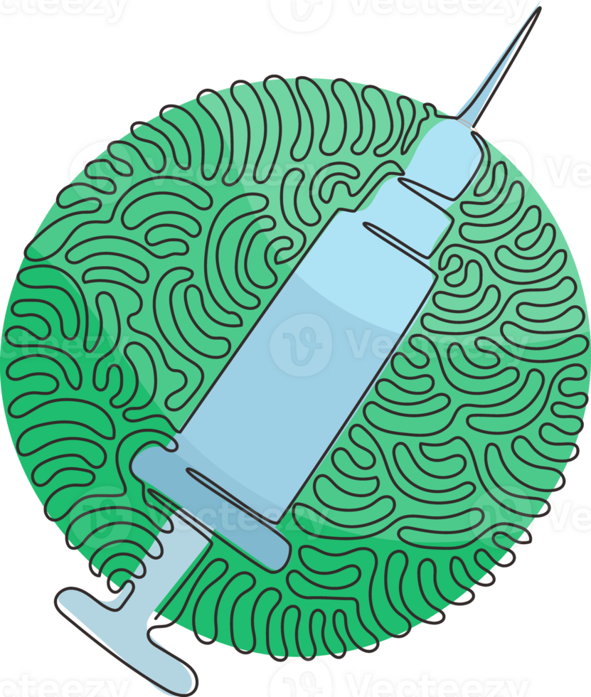 Single one line drawing injection syringe icon. Injection medical logo. Vaccine and medicine symbol. Swirl curl circle style. Modern continuous line draw design graphic illustration png