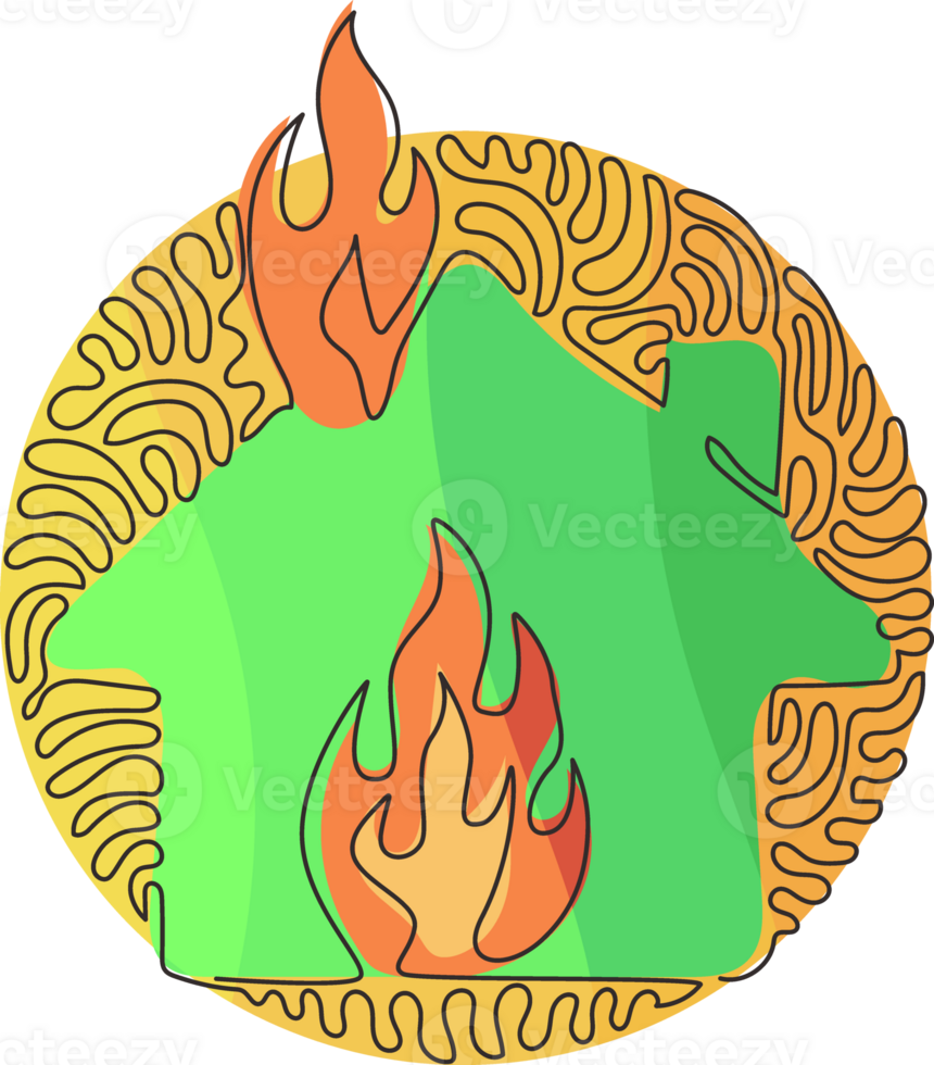 Continuous one line drawing fire line icon. House building in flames. Insurance symbol from accident prevention. Swirl curl circle background style. Single line draw design graphic illustration png