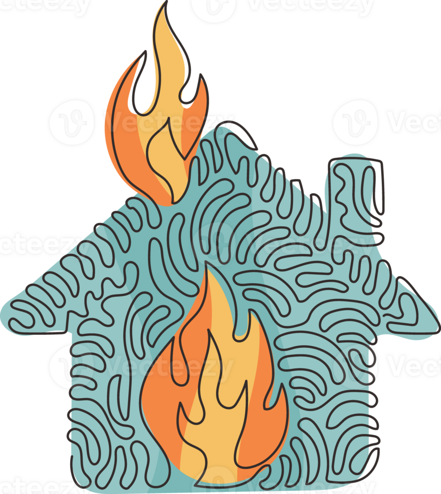 enda ett linje teckning brand linje ikon. hus byggnad i lågor. försäkring symbol från finansiell säkerhet, säkerhet, skada. virvla runt ringla stil. kontinuerlig linje dra design grafisk illustration png