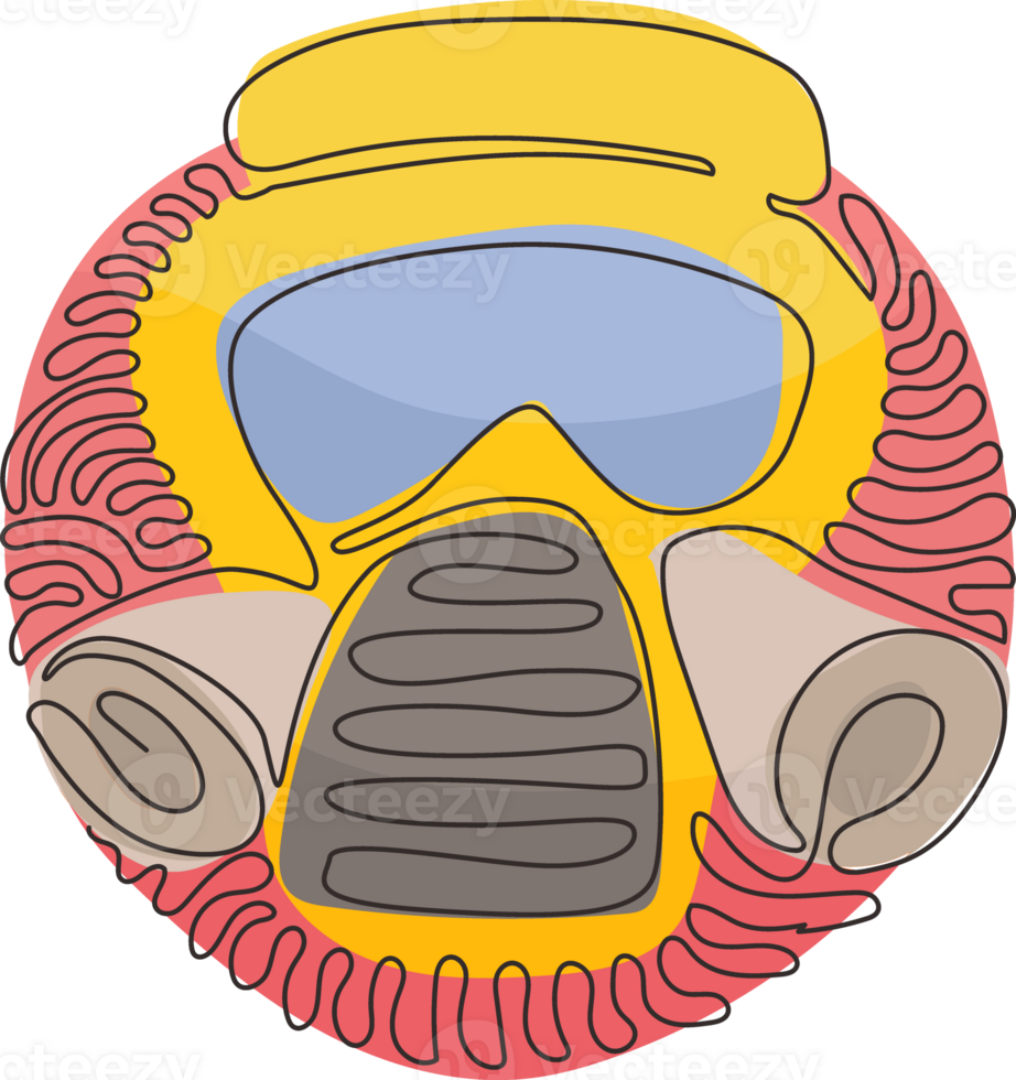 máscara de desenho de linha contínua única com óculos e filtros de ar. defesa e proteção contra envenenamento por fumaça e fumaça. redemoinho curl estilo de fundo do círculo. design gráfico de desenho dinâmico de uma linha png