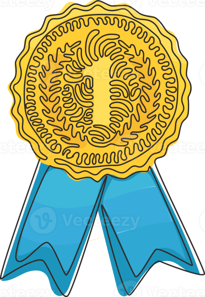 Single continuous line drawing gold medal, winner award. Circle awards with ribbons and numbers one icon. Achievement symbol. Swirl curl style. Dynamic one line draw graphic design illustration png