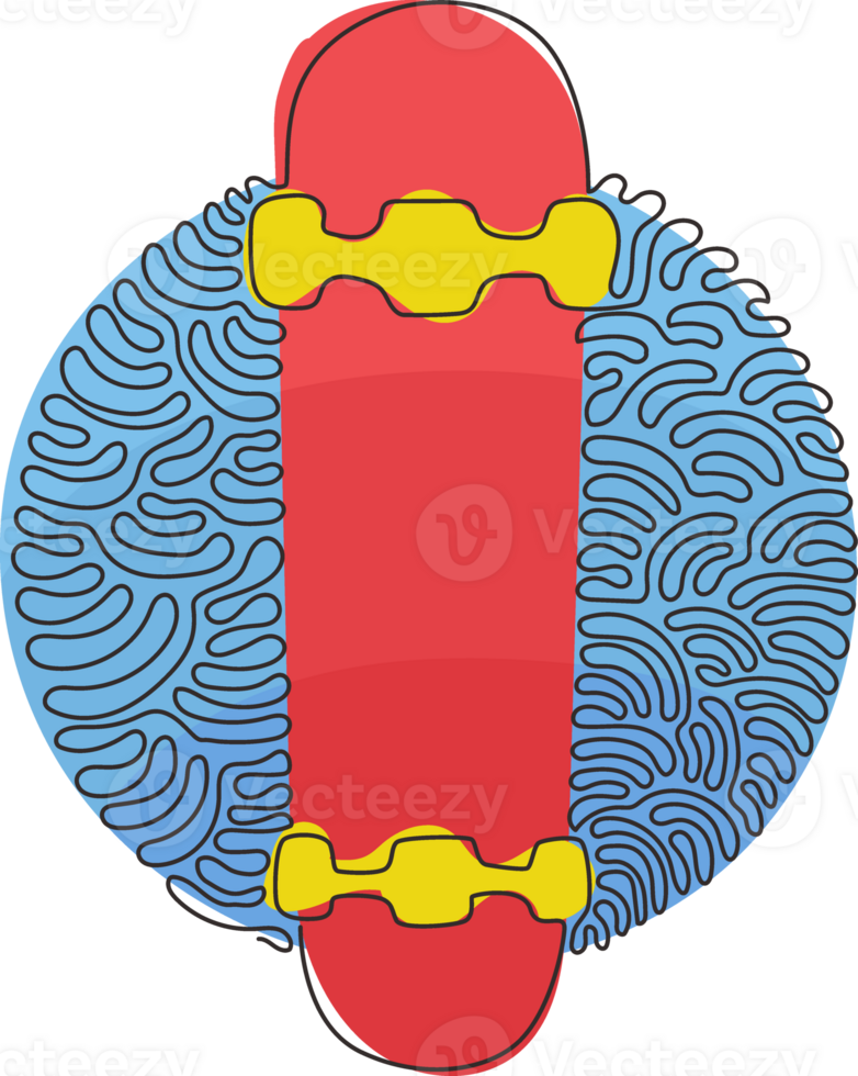 Single continuous line drawing skateboard, back side. Empty plywood skateboard for freestyle skill. Clear deck for street sport. Swirl curl circle style. One line draw graphic design png