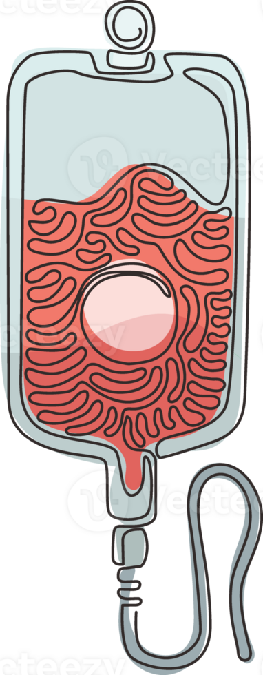 Single one line drawing infuse icon. Blood bag. IV bag icon. Illustration of catheter. Medicine and health symbol. Contour clinic icon. Swirl curl style. Continuous line draw design graphic png