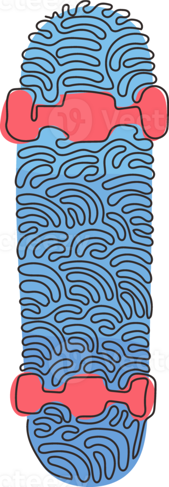 Single one line drawing skateboard, back side. Empty plywood skateboard for freestyle skill. Clear deck for street sport. Swirl curl style. Continuous line draw design graphic illustration png