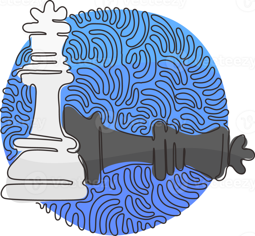 Single continuous line drawing figures of wooden chess on chessboard. King, queen of opposing team's. Swirl curl circle style. Dynamic one line draw graphic design illustration png
