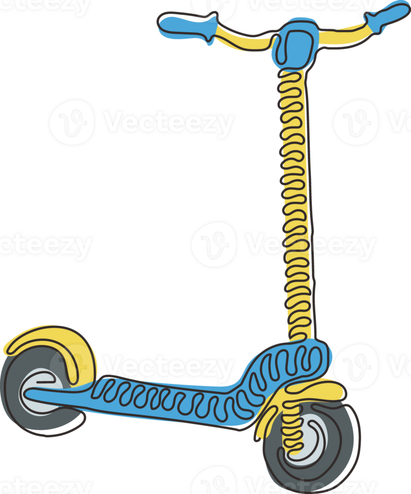 soltero uno línea dibujo eléctrico scooter. eléctrico transporte. eléctrico patada scooter. eco transporte. urbano estilo de vida. remolino rizo estilo. continuo línea dibujar diseño gráfico ilustración png