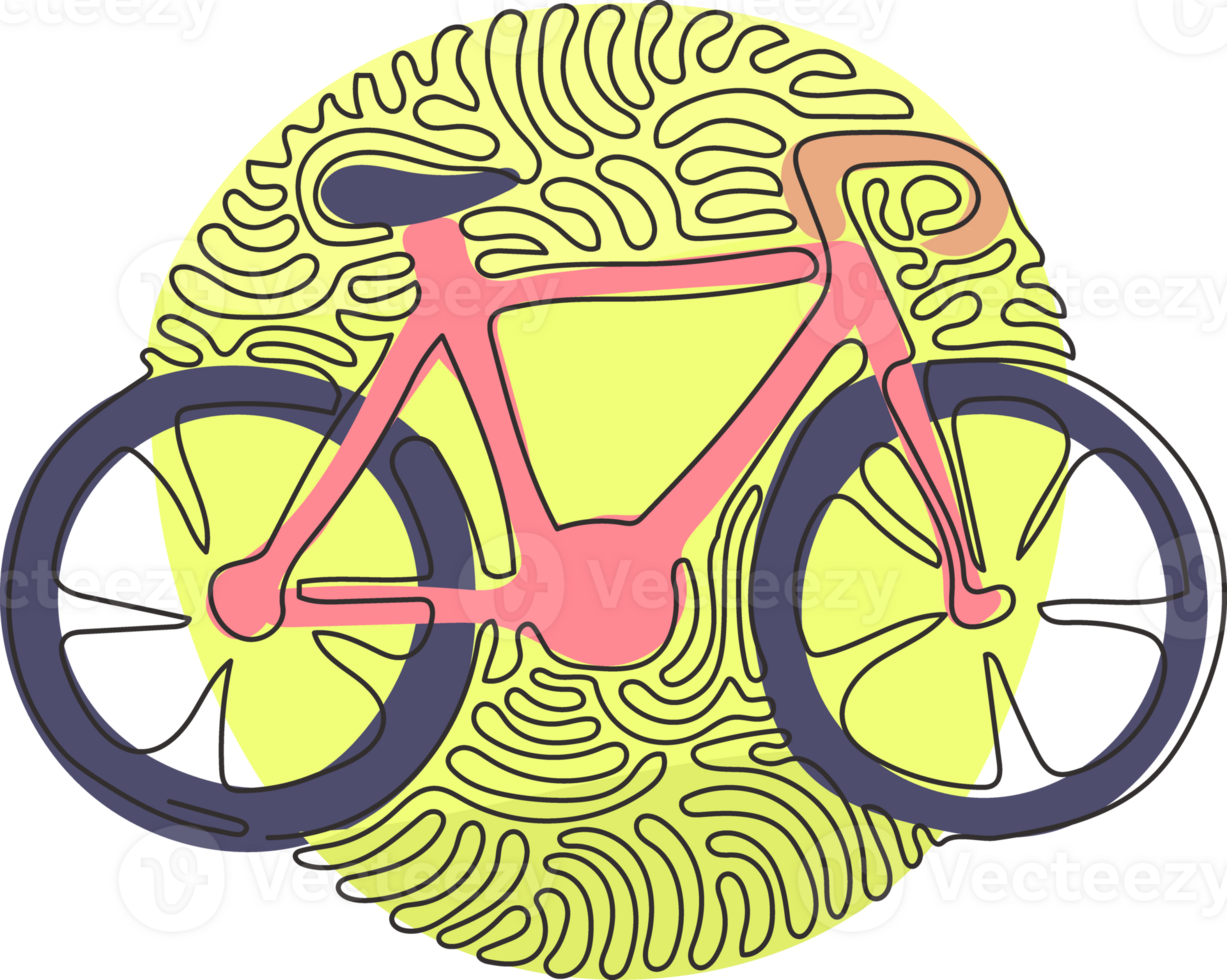 continuo uno línea dibujo bicicleta. bicicleta icono. ciclismo concepto. firmar para bicicletas camino aislado. de moda plano estilo para gráfico diseño, logo. remolino rizo circulo estilo. soltero línea dibujar png