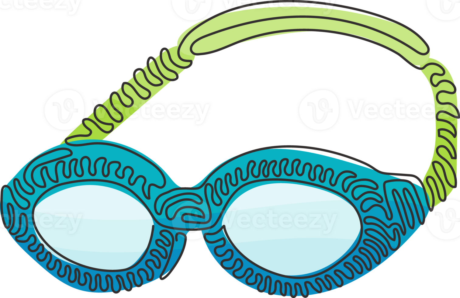 Single continuous line drawing glasses for swimming. Swim goggles. Professional swimming equipment. Beach object. Swirl curl style concept. Dynamic one line draw graphic design illustration png