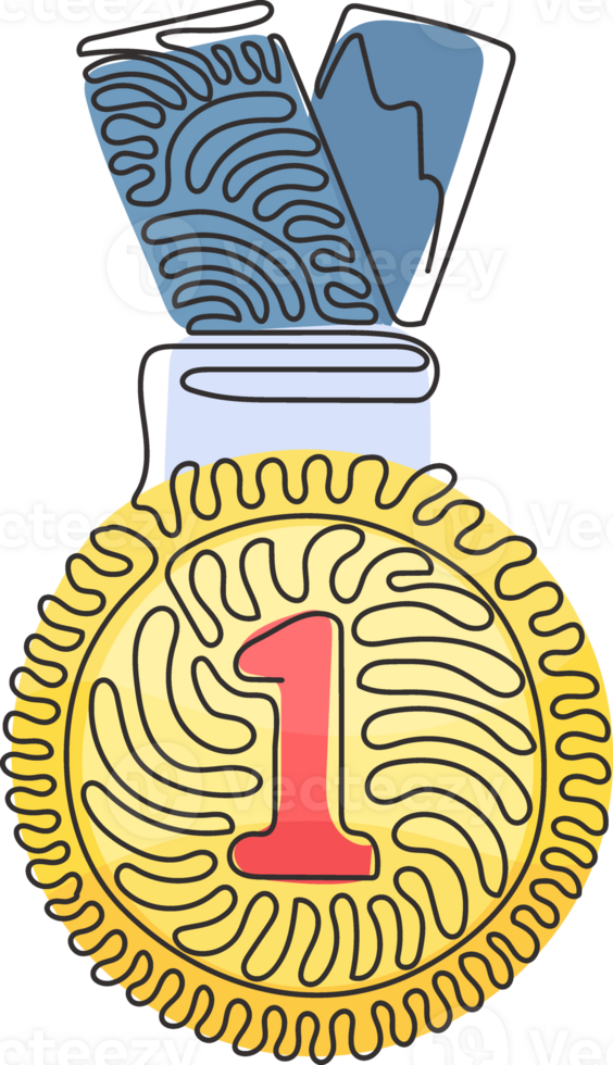 Single one line drawing gold medal for first place. Gold medal on ribbon. Award for victory winning first placement achievement. Swirl curl style. Continuous line design graphic illustration png