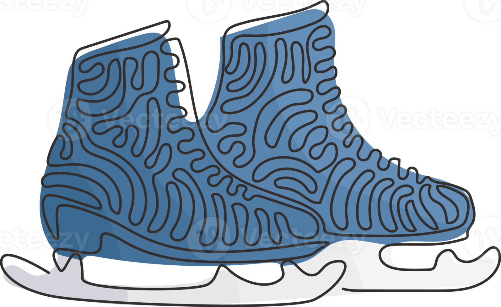 Single continuous line drawing pair of figure skates. White women Ice skates. Freezing winter day. Ice skating outdoor activities with family. Swirl curl style. One line draw graphic design png