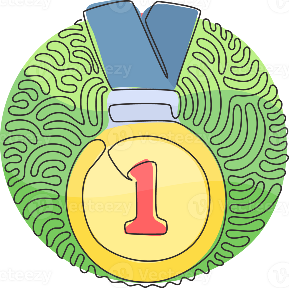 Continuous one line drawing gold medal for first place. Gold medal on ribbon. Award for victory winning first placement achievement. Swirl curl circle style. Single line draw design png