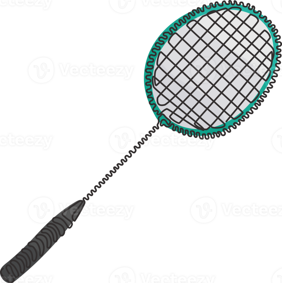 kontinuierlich einer Linie Zeichnung Badminton Schläger. Sport Ausrüstung. Jahrgang Badminton Schläger. Sport Waren. Illustration zum Meisterschaft. Strudel locken Stil. Single Linie zeichnen Design Grafik png