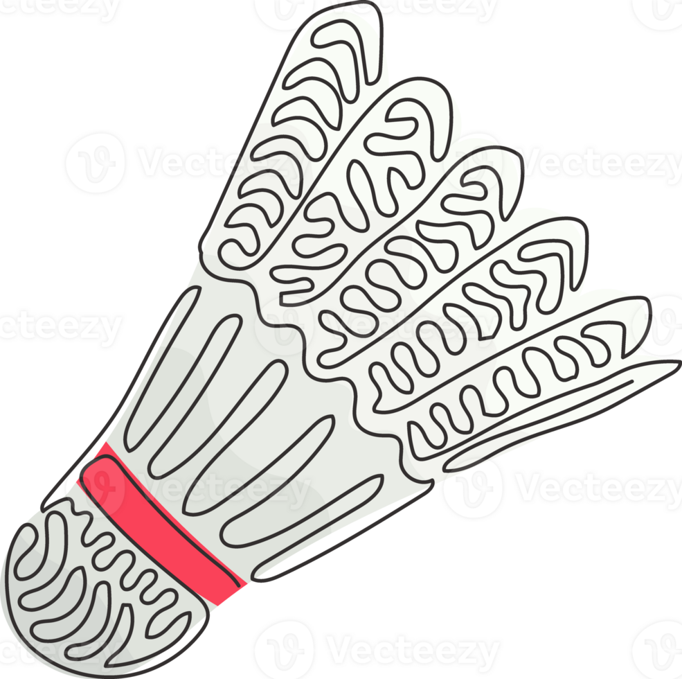 Single continuous line drawing shuttlecock badminton. Sports equipment, competitions, hobbies. Standard of Olympic games. Swirl curl style. Dynamic one line draw graphic design illustration png