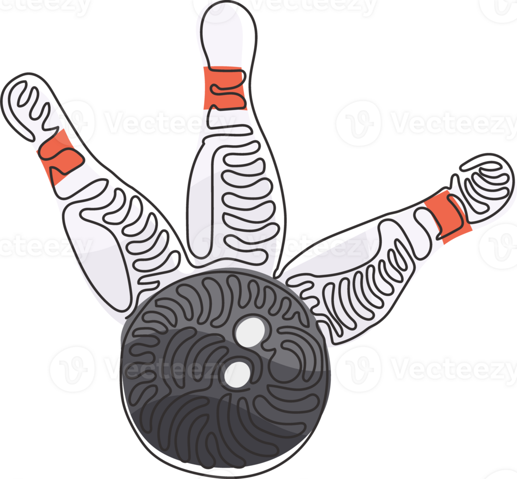 Single continuous line drawing Bowling ball and pins. Sports equipment. Bowling ball crashing into pins. Bowling ball striking pins. Swirl curl style. Dynamic one line draw graphic design png