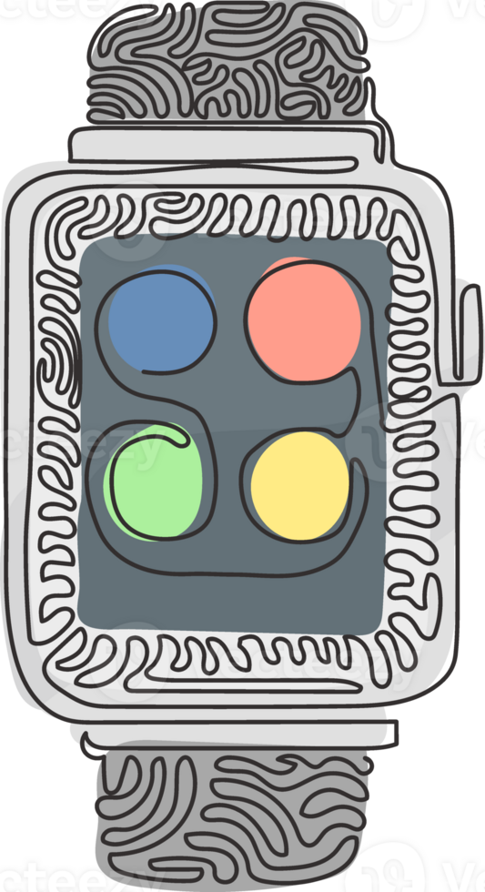 Continuous one line drawing Smart watch device display with app icons. Smart watch wearable technology. Modern device technology. Swirl curl style. Single line draw design graphic illustration png