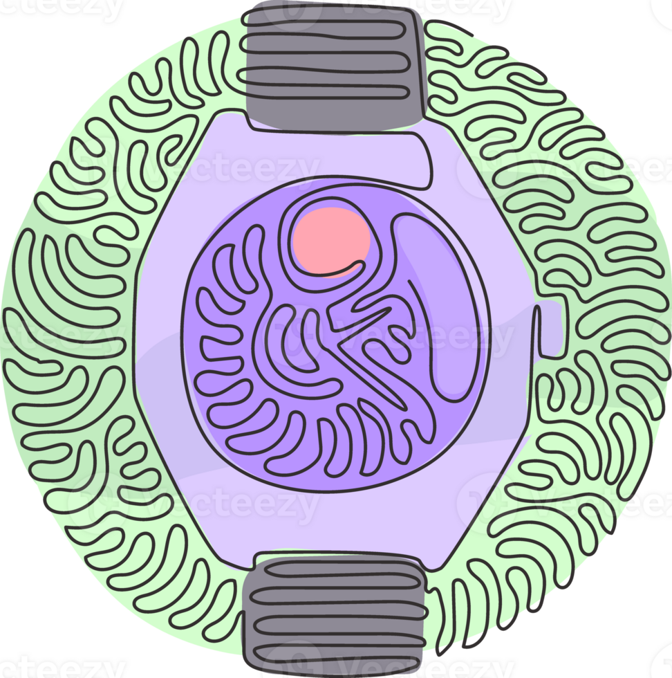 Single one line drawing luxury steel watch with black fabric strap. Classic silver men wrist watch with metallic watchband. Swirl curl circle style. Continuous line draw design graphic png