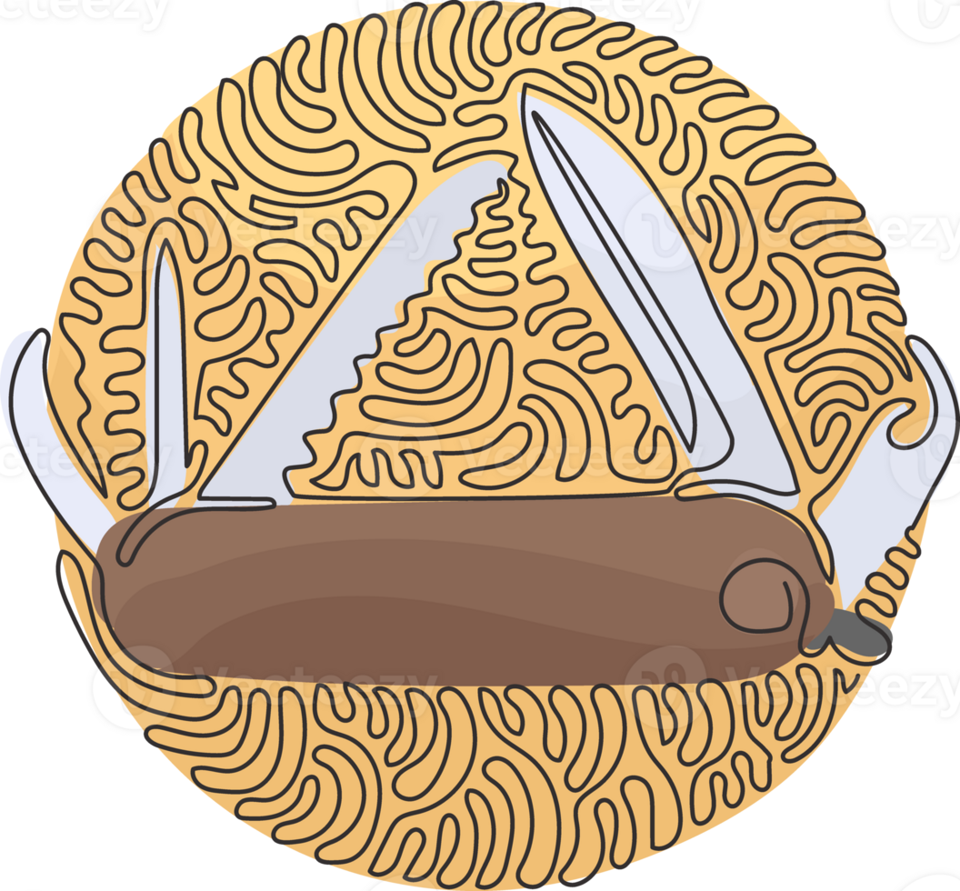 singolo uno linea disegno multifunzionale tasca coltello, campeggio e escursioni a piedi attrezzatura. campeggio coltello attrezzo. turbine arricciare cerchio stile. continuo linea disegnare design grafico illustrazione png