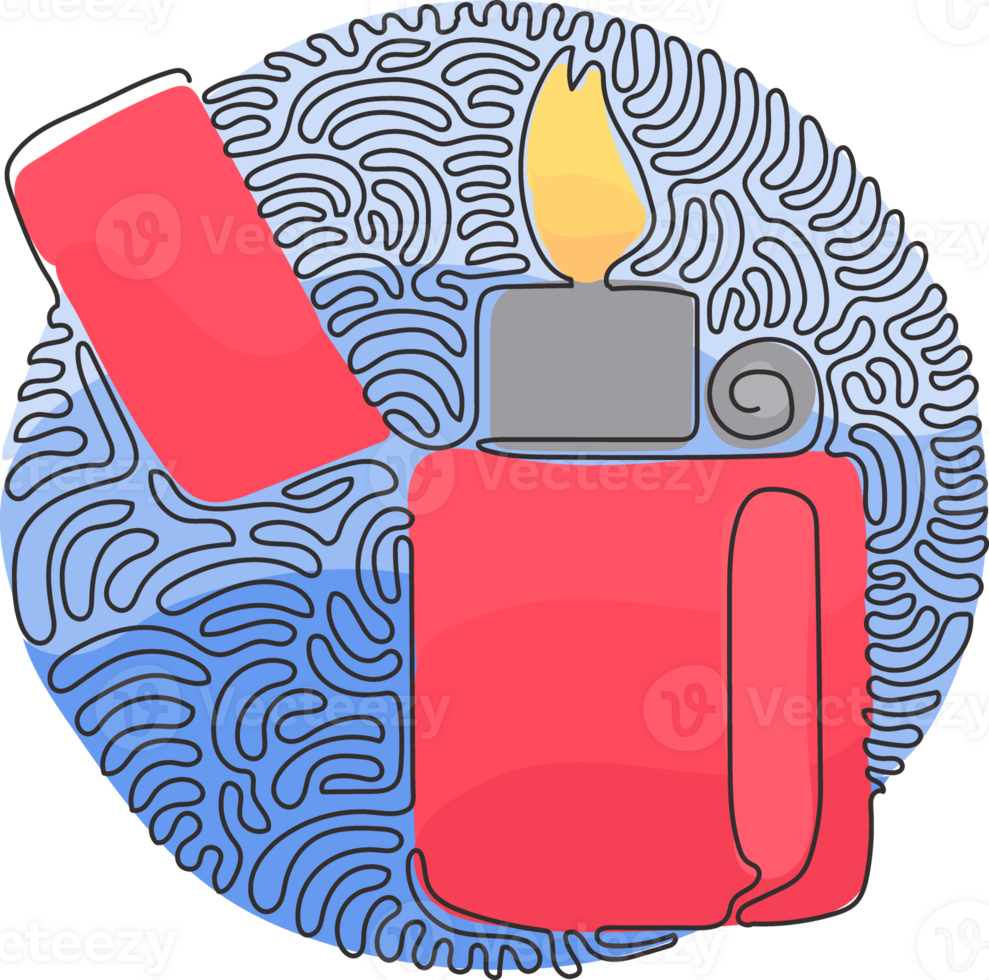 Single continuous line drawing metal lighter. Fire from lighter. Manual, gas lighter with burning flame in flat style. Swirl curl circle style. Dynamic one line draw graphic design vector png