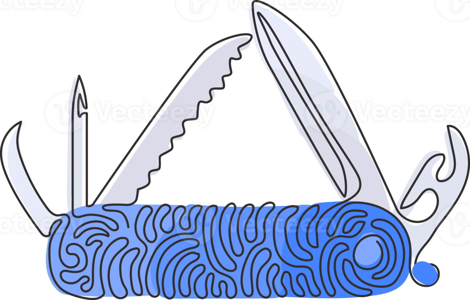 Continuous one line drawing multifunctional pocket knife, camping and hiking equipment. Camping knife tool. Outdoor camp tourism. Swirl curl style. Single line draw design graphic illustration png
