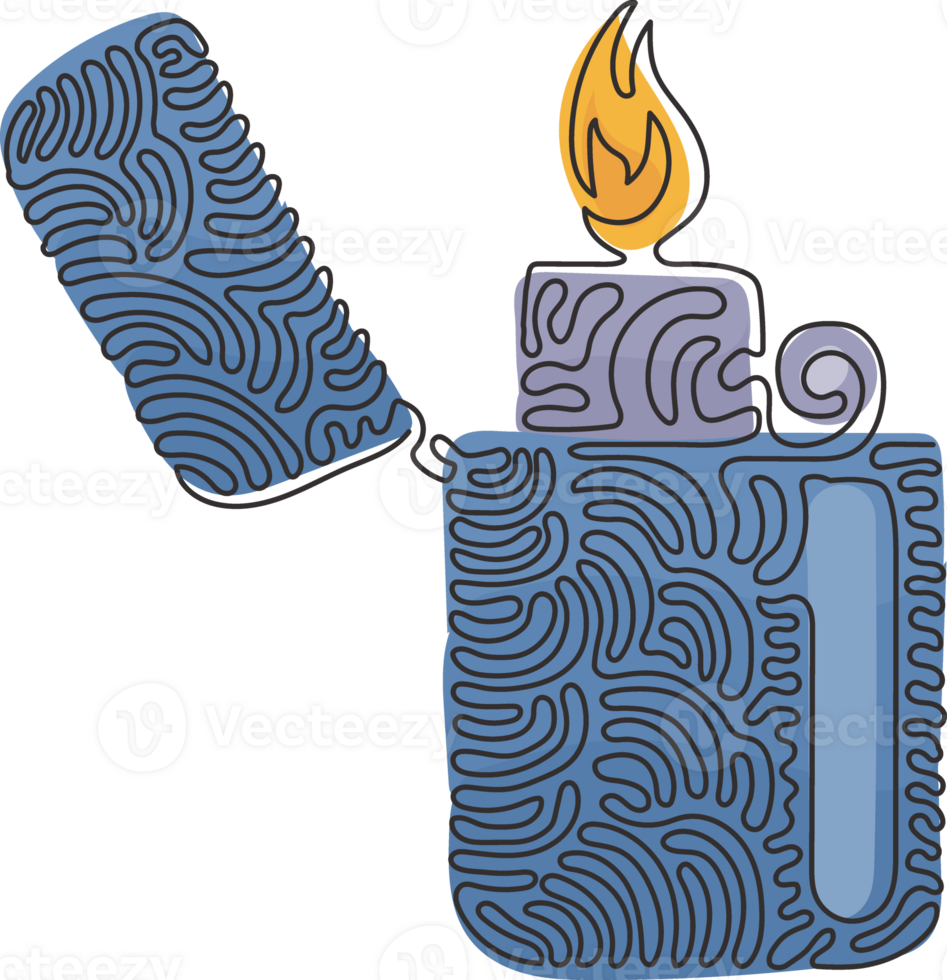 Single one line drawing metal lighter. Fire from lighter. Manual, gas lighter with burning flame