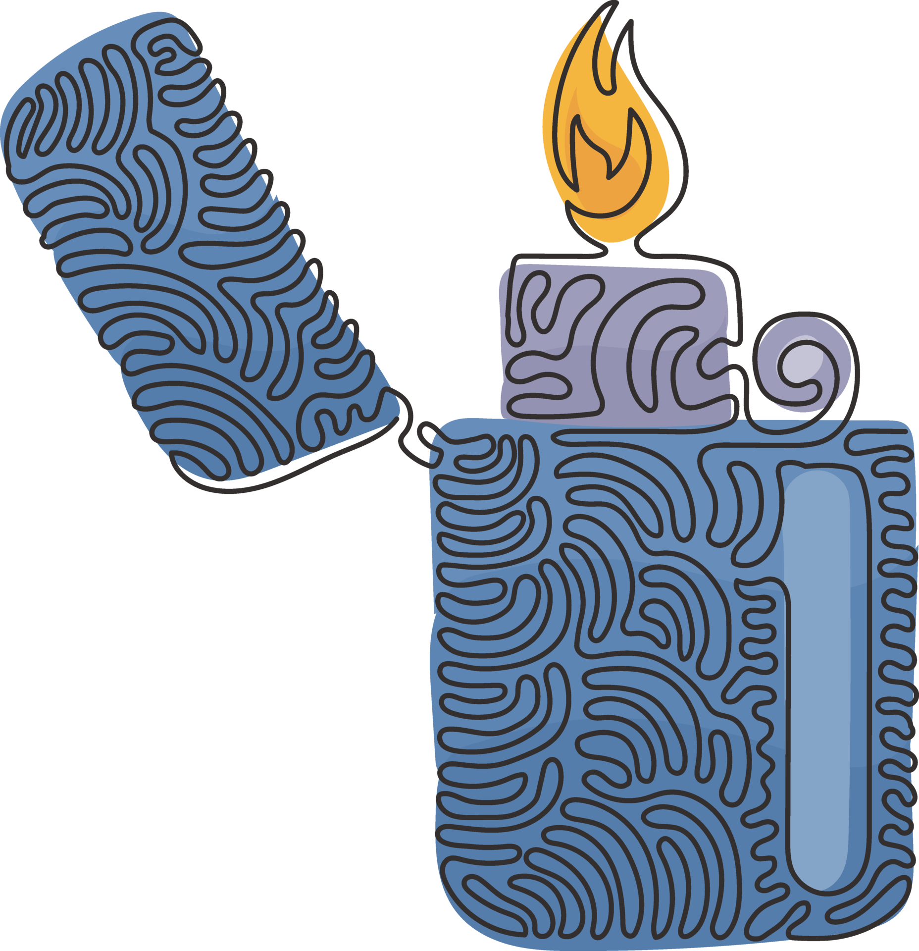 Single one line drawing metal lighter. Fire from lighter. Manual, gas