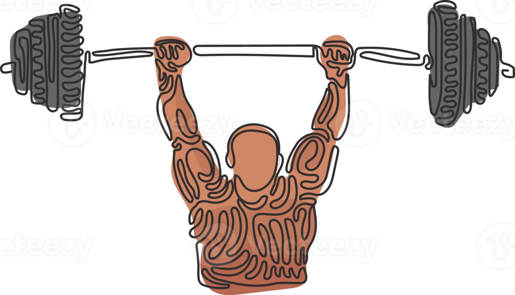 Single one line drawing Bodybuilder Fitness Model with barbell. Fitness logo badge with muscle man, Gymnastic or Body Build. Swirl curl style. Continuous line draw design graphic illustration png
