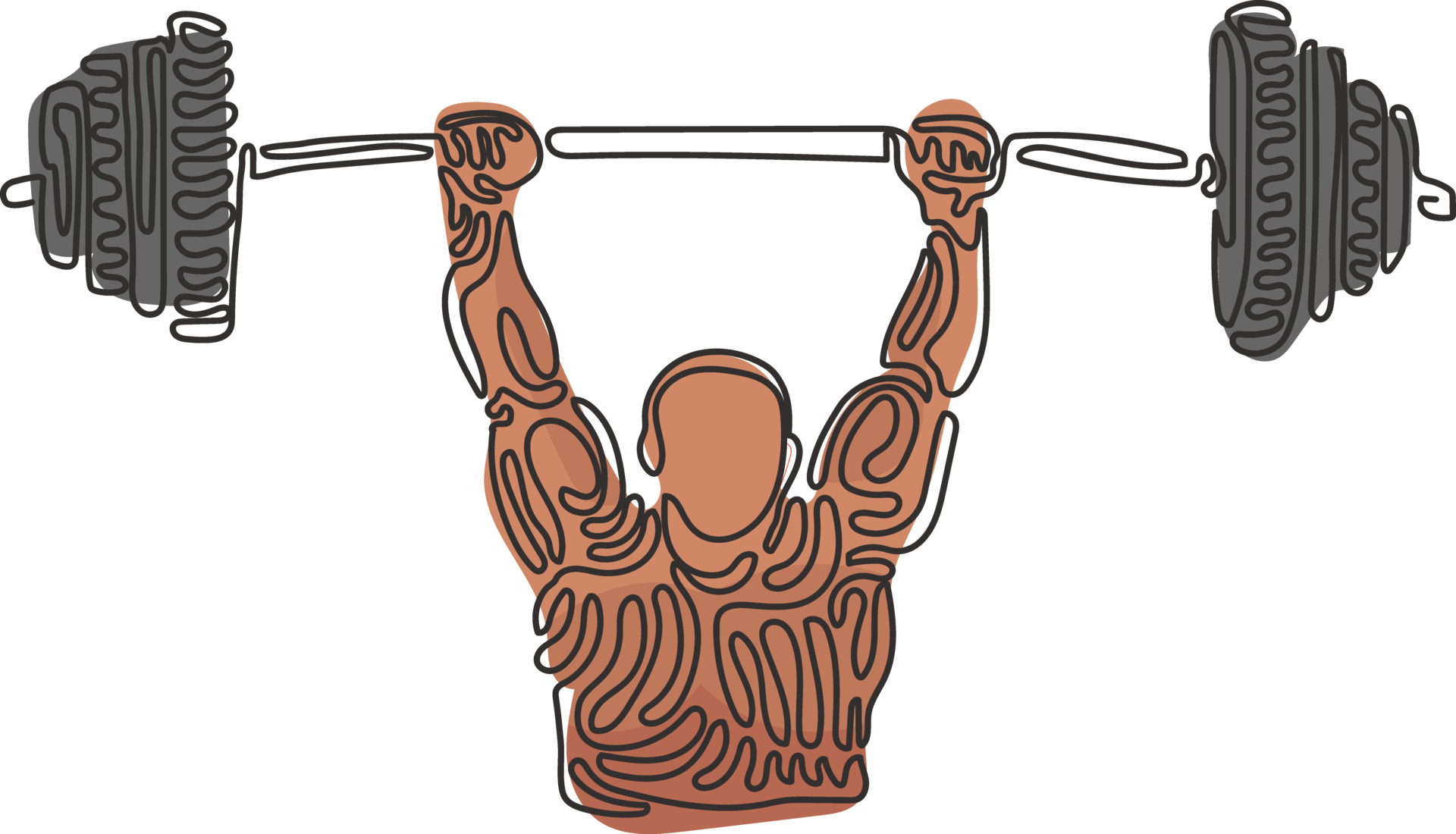 Single one line drawing Bodybuilder Fitness Model with barbell. Fitness