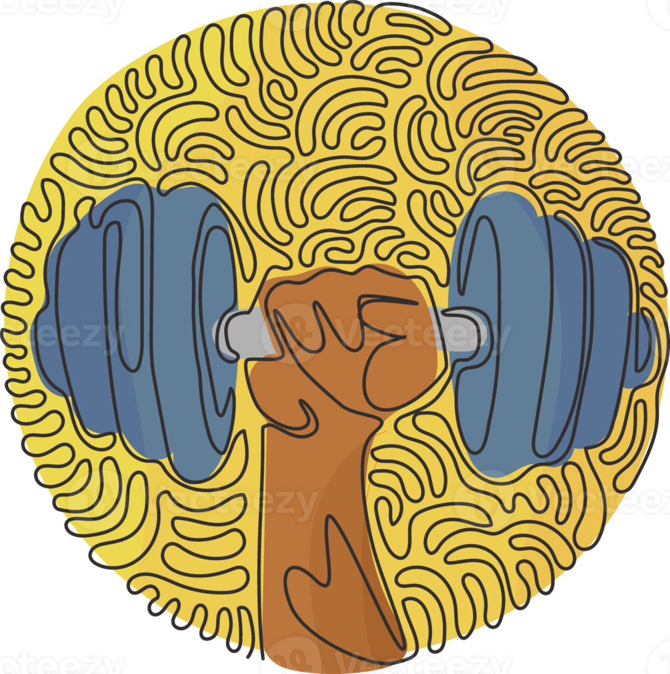 Continuous one line drawing athletic sportsman arm holding dumbbell. Fitness workout. Barbell and strong hand fist. Swirl curl circle style. Single line design graphic illustration png