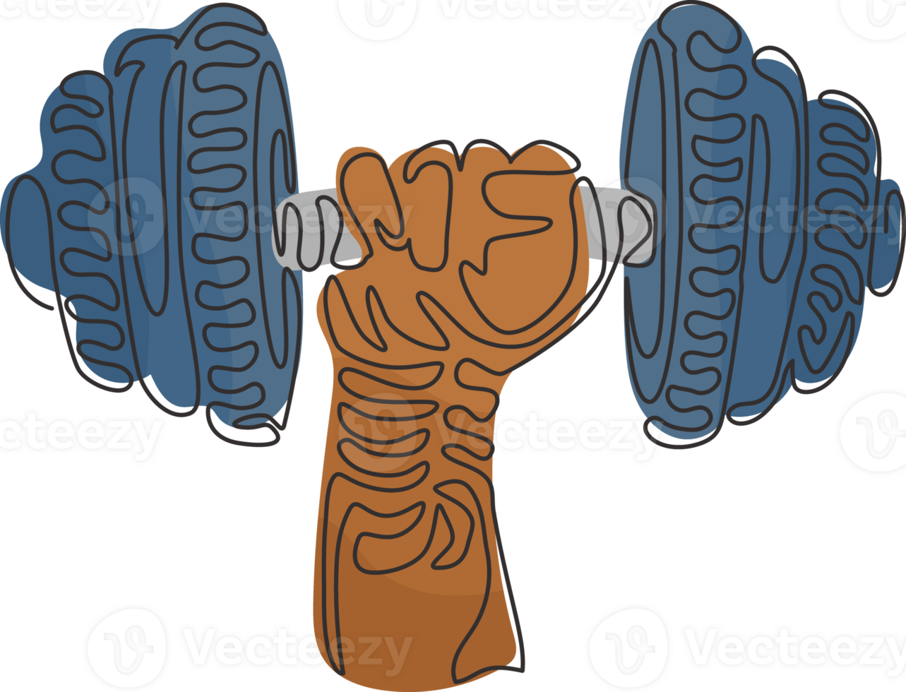 doorlopend een lijn tekening atletisch sportman arm Holding halter. geschiktheid training. barbell en sterk hand- vuist. kolken krullen stijl. macht hijsen. single lijn trek ontwerp grafisch illustratie png