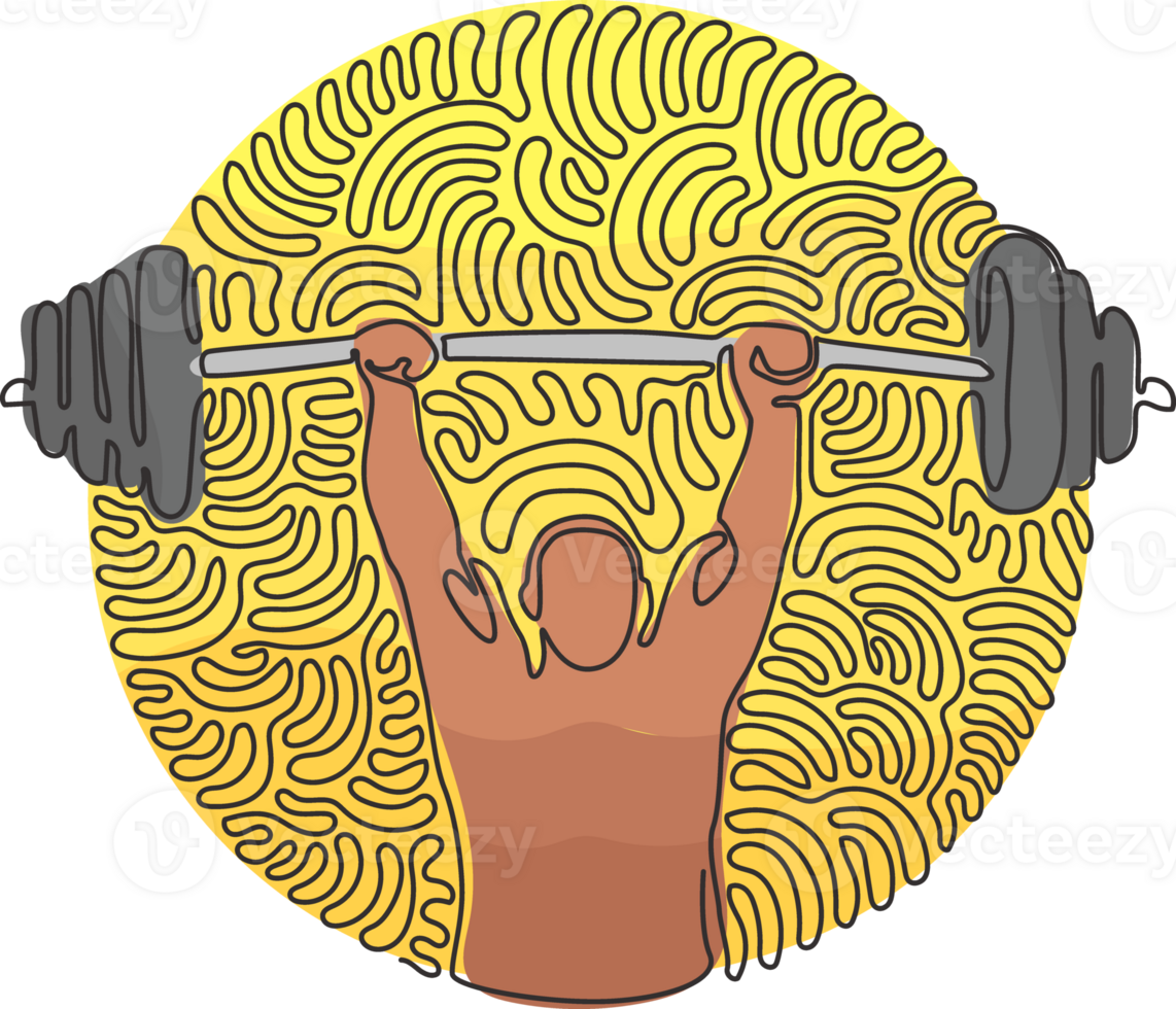 enda kontinuerlig linje teckning kroppsbyggare kondition modell med skivstång. kondition logotyp bricka med muskel man, gymnastiska eller kropp bygga. virvla runt ringla cirkel stil. ett linje dra grafisk design png