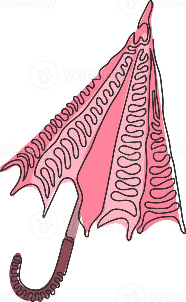 Single continuous line drawing umbrella close parasol handle rain object accessory. Water protection sign. Rainy weather symbol. Swirl curl style. One line draw graphic design illustration png