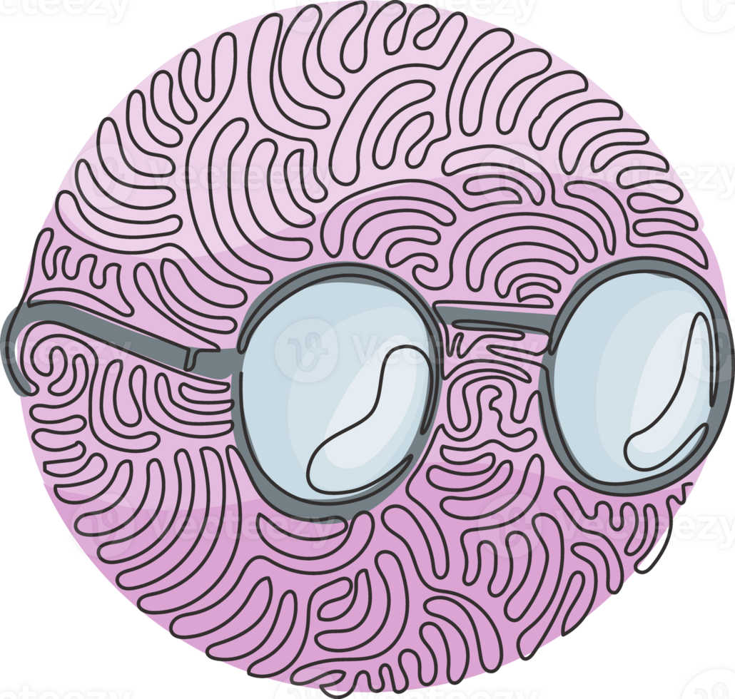 Single one line drawing Round black-rimmed glasses. Side of myopia glasses, round frame, with black glasses legs. Swirl curl circle style. Modern continuous line draw design graphic png