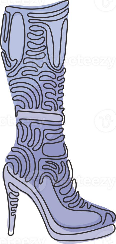 Single one line drawing fashionable women's boots. Autumn and winter female footwear. Knee high boots. Swirl curl style concept. Modern continuous line draw design graphic illustration png