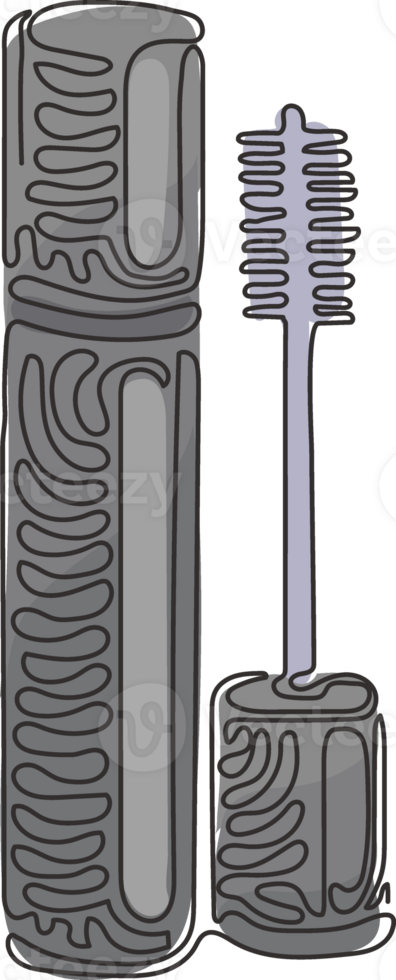 Continuous one line drawing black mascara bottle. Brush and mascara tube. Fashionable cosmetics makeup design for eyes. Swirl curl style concept. Single line draw design graphic illustration png