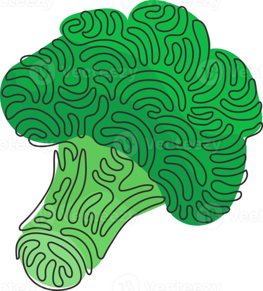 Single continuous line drawing fresh green broccoli. Cabbage broccoli fresh vegetable. Cooking healthy food or cuisine. Swirl curl style. Dynamic one line draw graphic design illustration png