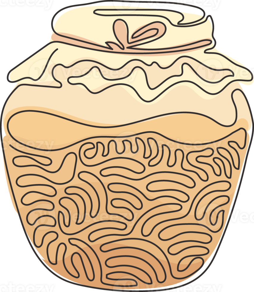 Single continuous line drawing honey jar. Apiary symbol. Bee, honey, honey bank. Honey natural healthy food production. Swirl curl style. Dynamic one line draw graphic design illustration png