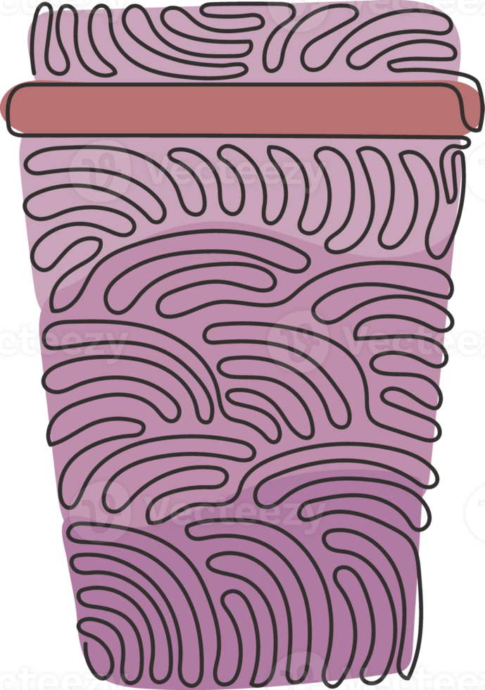 Single one line drawing disposable takeaway coffee cup. Cardboard coffee mug with plastic lid for cappuccino drink. Swirl curl style. Modern continuous line draw design graphic illustration png