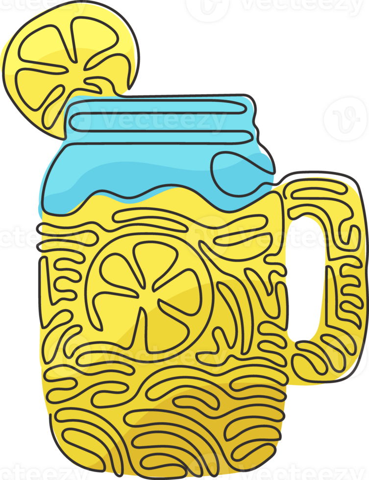 Single one line drawing hand drawn lemon, lemon slice, jar with lemonade. Freshness cold drink water in summer. Swirl curl style. Modern continuous line draw design graphic illustration png