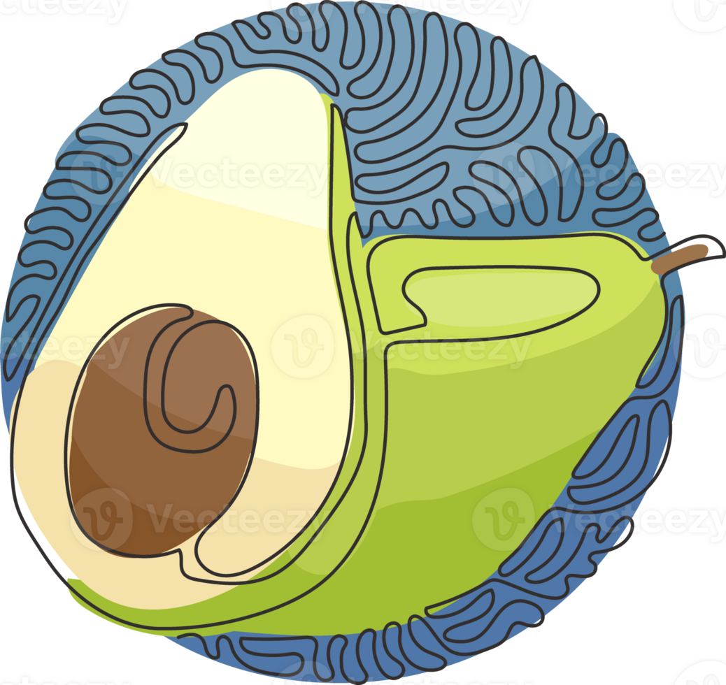 Single one line drawing whole avocado and half with seed. Healthy vegan vegetarian food. Tasty appetizer. Swirl curl circle style. Continuous line draw design graphic illustration png