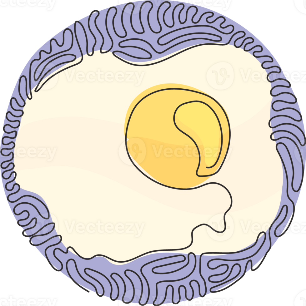 Single continuous line drawing Fried egg breakfast. Omelet meal yolk logo. Scrambled eggs. Healthy food. Swirl curl circle style. Dynamic one line draw graphic design illustration png