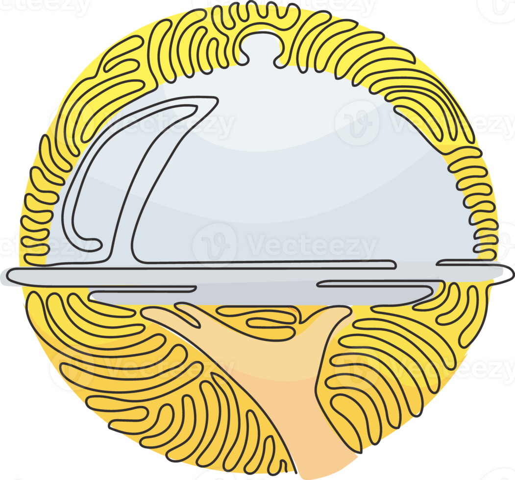 Continuous one line drawing tray on hand. Hand of waiter holding silver tray with lid. Illustration about catering. Swirl curl circle style. Single line design graphic illustration png