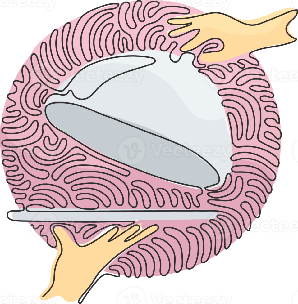 Célibataire continu ligne dessin ouvert plateau cloche dans main. restaurant assiette dans élégant serveur main. nourriture portion plateau. tourbillon boucle cercle style. dynamique un ligne dessiner graphique conception illustration png