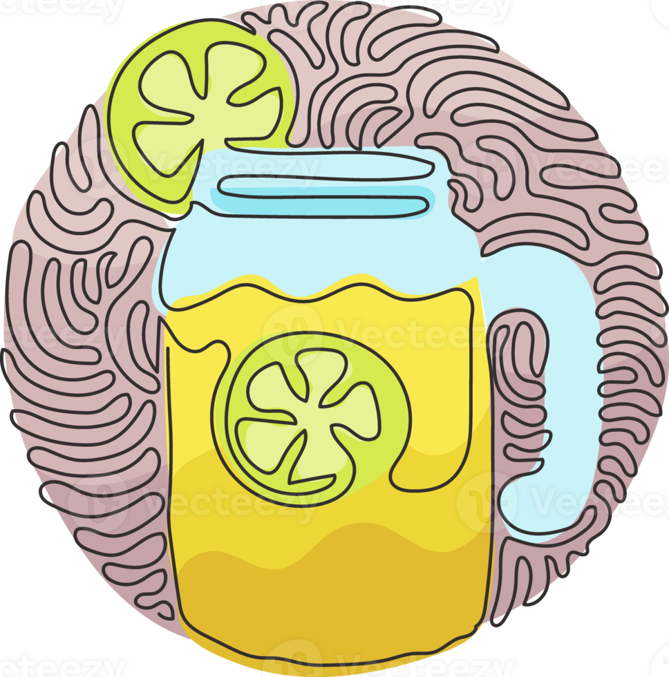 Single one line drawing hand drawn lemon, lemon slice, jar with lemonade. Freshness cold drink water in summer. Swirl curl style. Modern continuous line draw design graphic illustration png