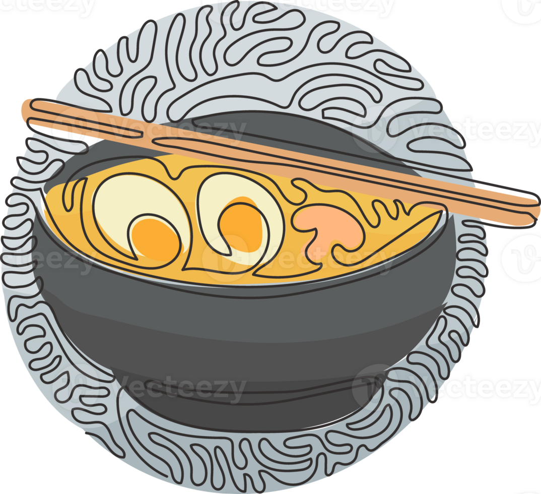 Single one line drawing Japanese food ramen noodles with various toppings in bowl. Traditional Asian noodle soup. Swirl curl circle style. Modern continuous line draw design graphic png