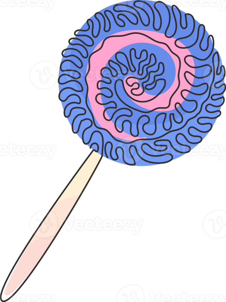 Single continuous line drawing swirl lollipops. Colored sugar candies for dessert. Sweet candy on stick with twisted design. Swirl curl style. Dynamic one line draw graphic design illustration png