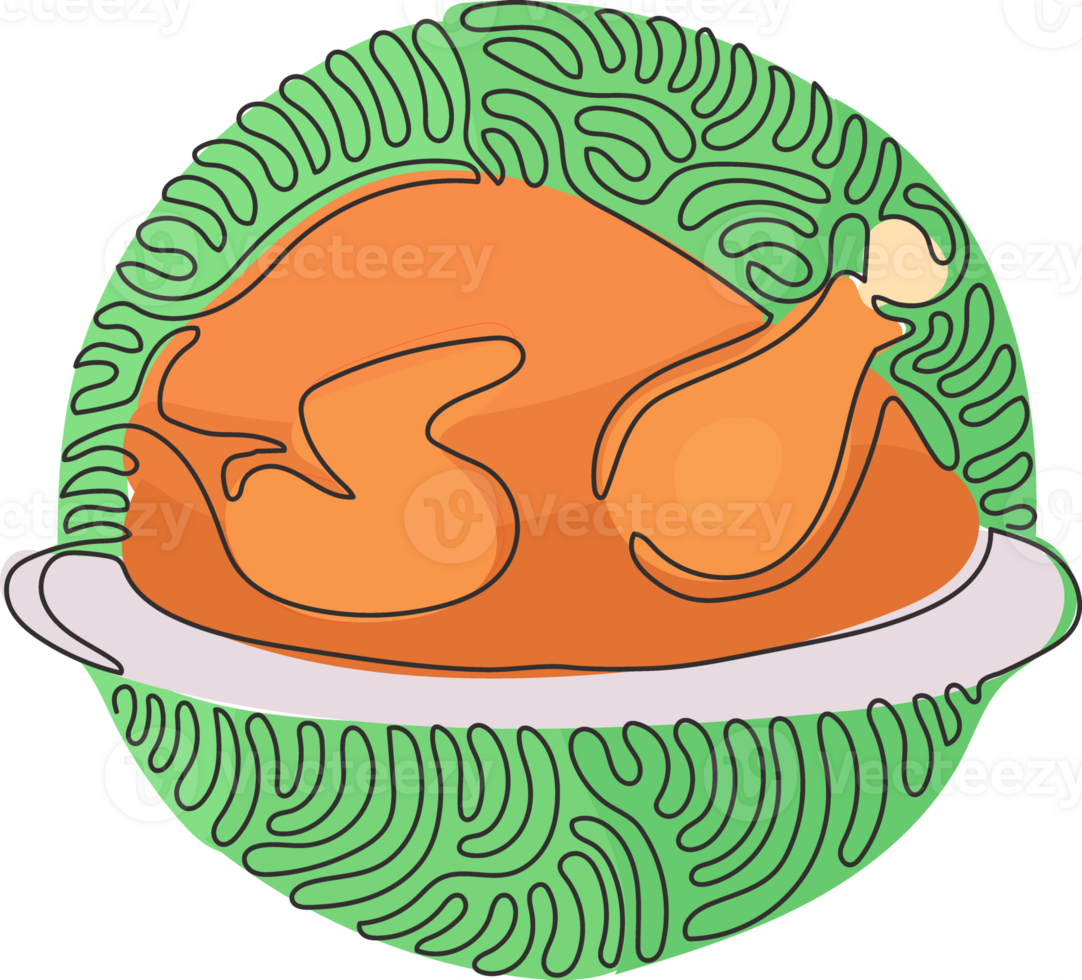 Single one line drawing chicken roasted on platter. Fried poultry sign. Food for gala dinner or thanksgiving. Swirl curl circle style. Continuous line design graphic illustration png