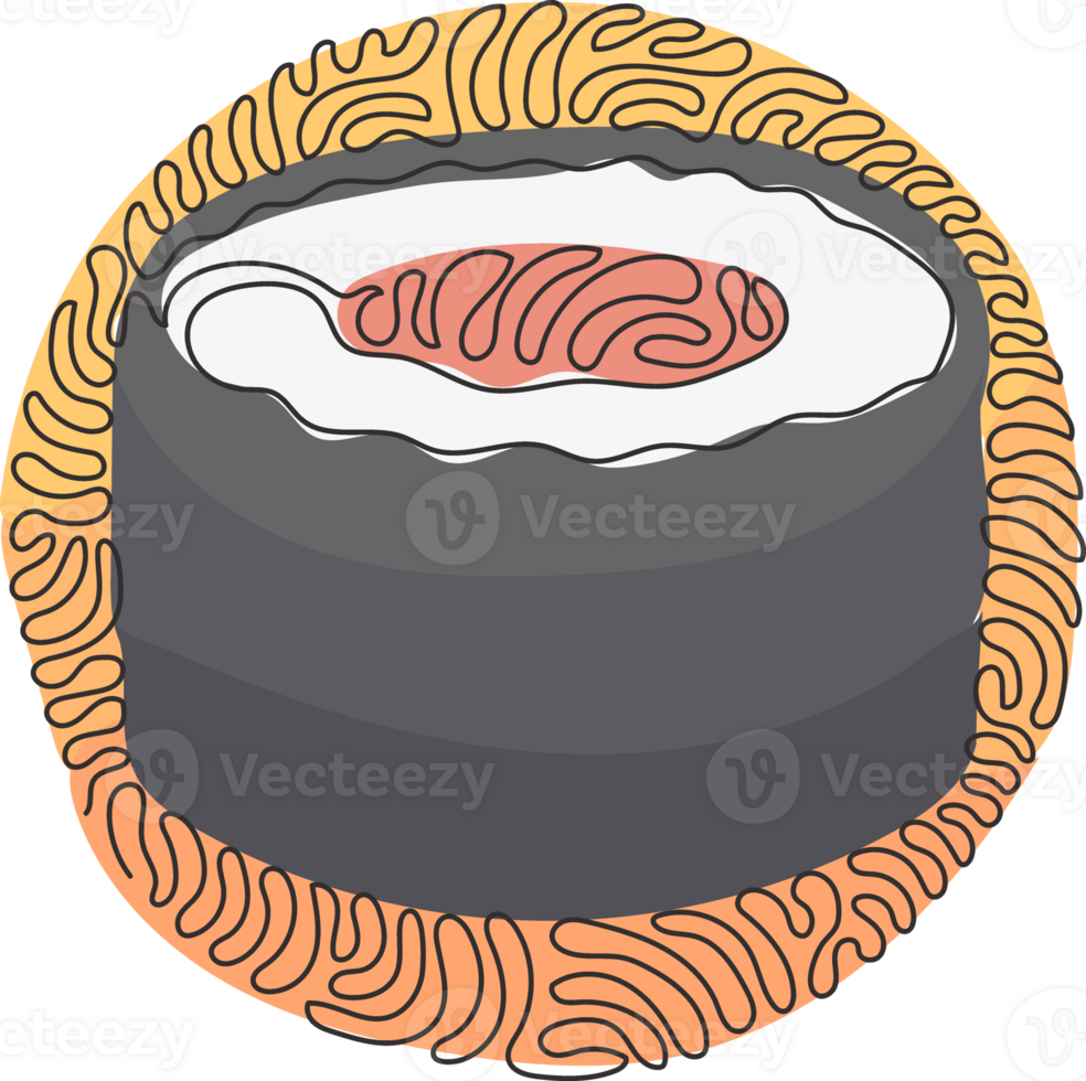 Continuous one line drawing sushi roll with salmon. Traditional Japanese meal. Menu in Japanese restaurant. Swirl curl circle style. Single line draw design graphic illustration png